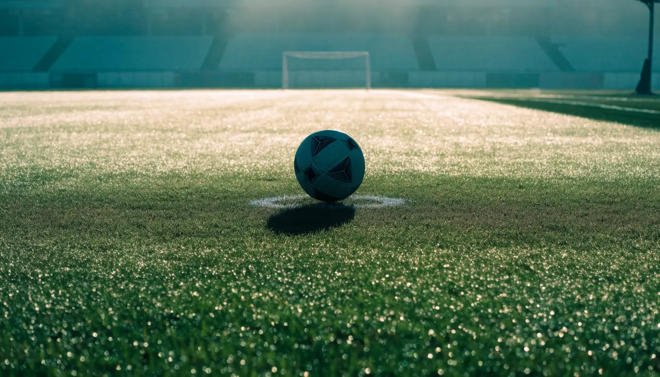 Ein einzelner Fussball liegt auf dem Anstosspunkt eines leeren Rasenplatzes am frühen Morgen, Tau glitzert auf dem Gras, die Tribüne liegt im Dunst.
