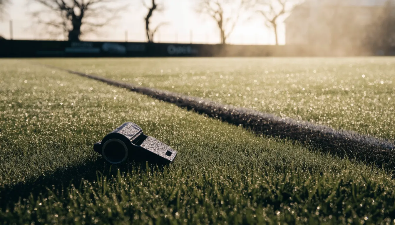 Eine Trillerpfeife liegt auf dem Rasen neben der Mittellinie, Tau hängt an den Halmen, im Hintergrund ein leerer Spielfeldrand.