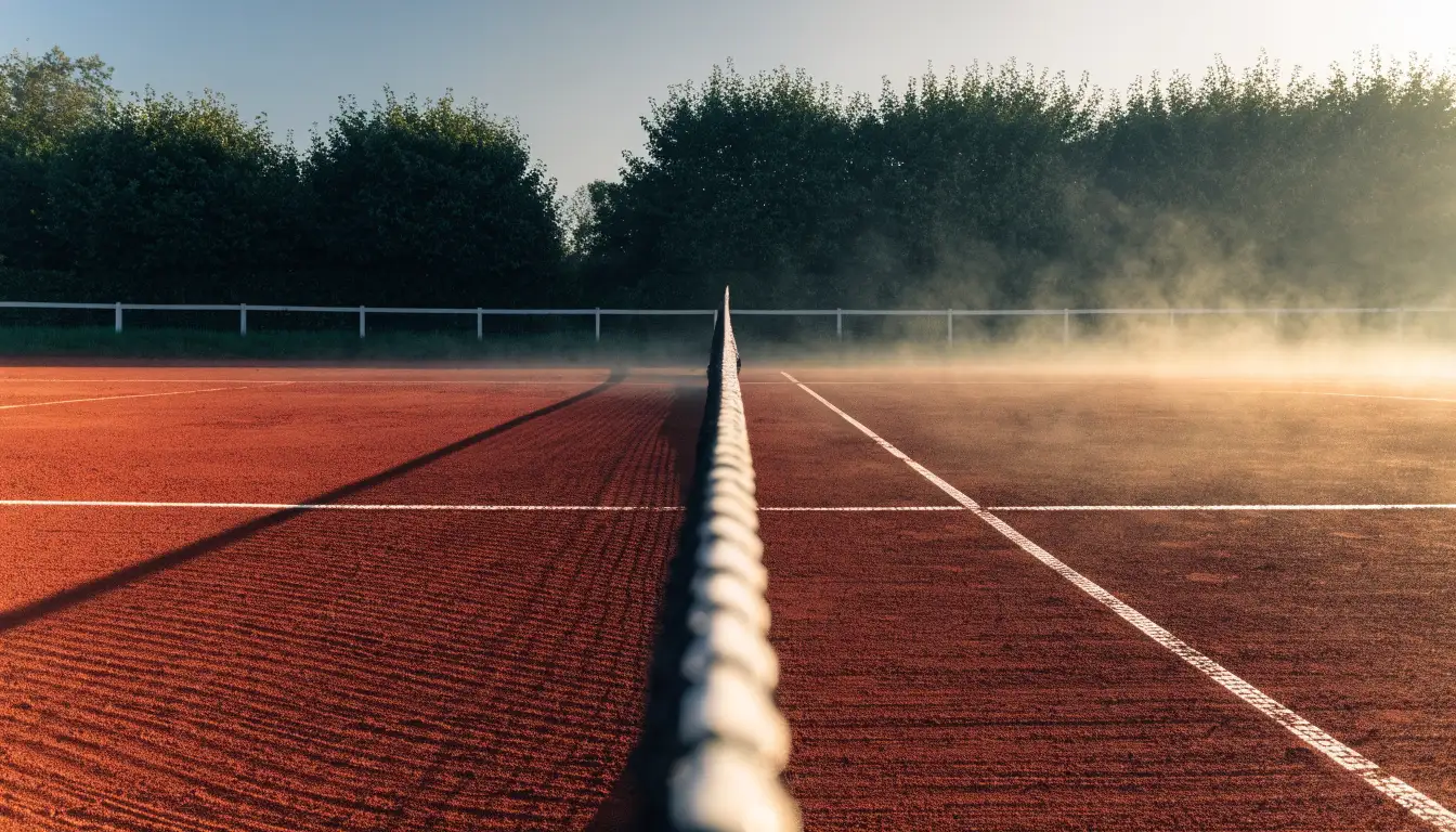 Ein Tennisplatz bei Sonnenaufgang, die Linien frisch gezogen, das Netz in der Mitte und Nebel über dem Boden.