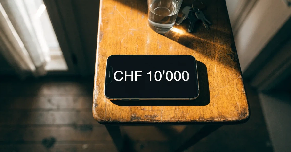 Ein Smartphone mit schwarzem Display liegt auf einem Holztisch neben einem Glas Wasser und einem Schlüsselbund.
