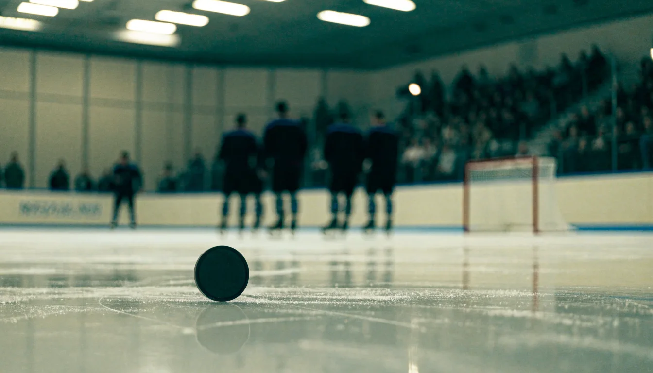 Ein Eishockeypuck liegt auf dem Eis, im Hintergrund unscharf die Bande unter hellem Hallenlicht.