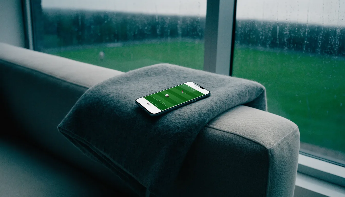 Ein Sofa mit Wolldecke steht vor einem grossen Fenster, draussen Regen und in der Ferne ein Fussballplatz.