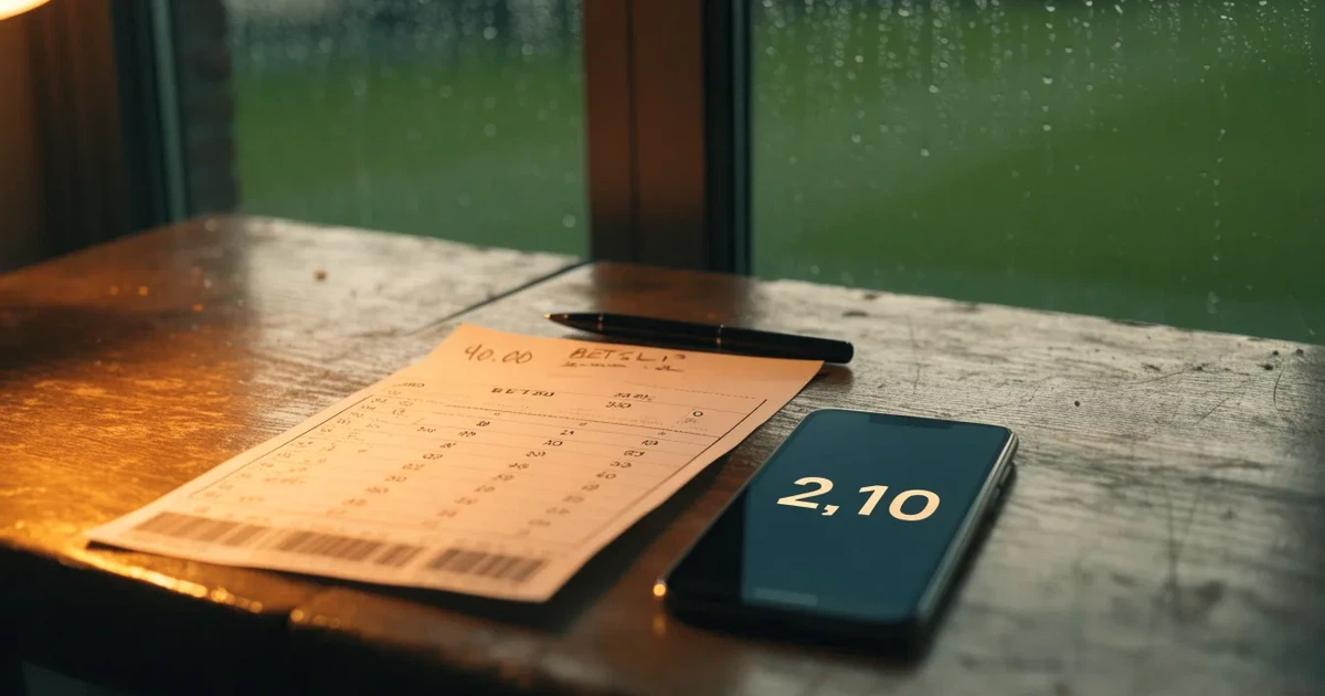Ein Wetterbarometer hängt an einer Holzwand neben einem Fenster, draussen liegt ein nasser Fussballplatz im Regen.