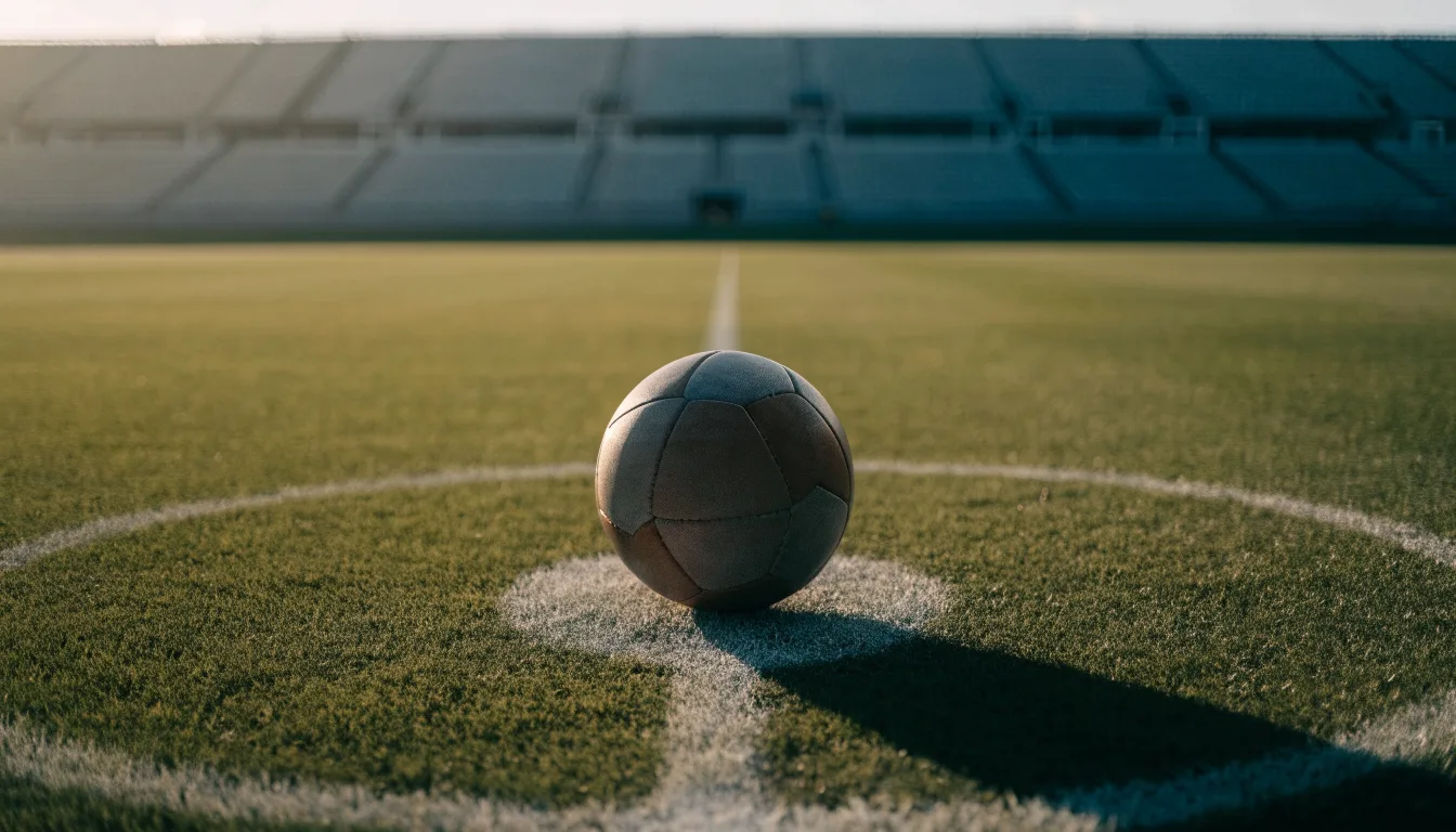 Ein Fussball liegt auf dem Anstosspunkt eines leeren Rasenplatzes im frühen Morgenlicht, dahinter erhebt sich eine menschenleere Tribüne.