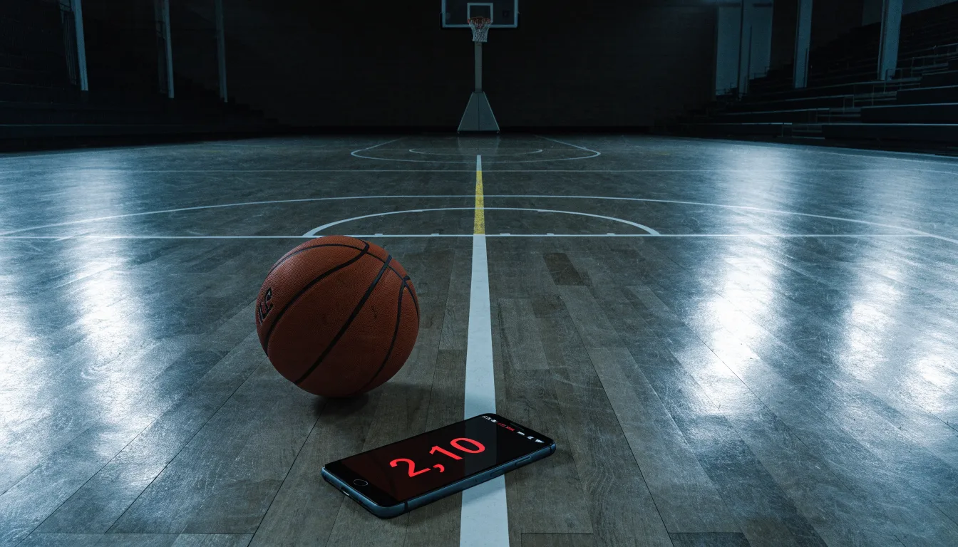 Ein Basketball liegt auf dem Parkett einer leeren Halle, von den Deckenlampen fällt gleichmässiges Licht auf den Boden.