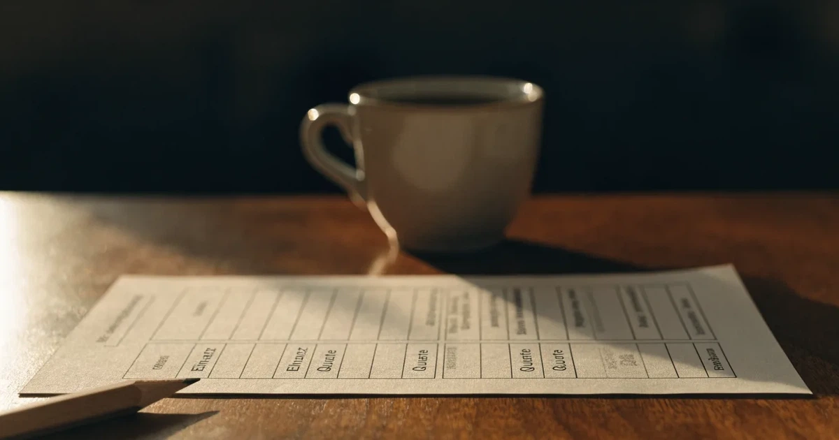 Ein leerer Wettschein aus Papier liegt auf einem Holztisch neben einem Bleistift und einem Kaffeebecher.