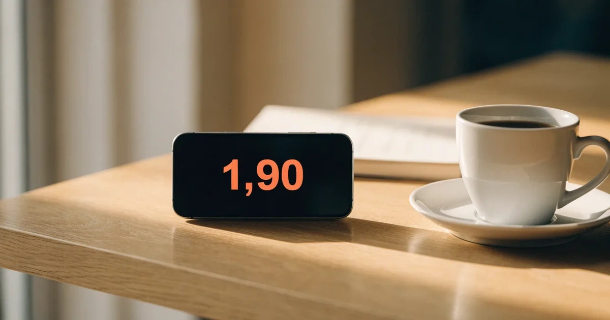 Ein Smartphone mit dunklem Display liegt neben einer Kaffeetasse auf einem hellen Tisch, daneben ein Notizblock.
