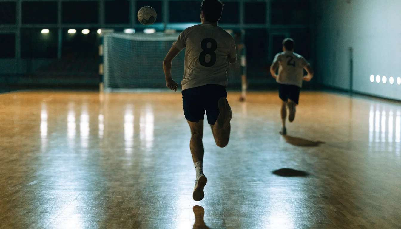 Ein Handballtor in einer leeren Sporthalle, der Ball liegt im Torraum und das Hallenlicht spiegelt sich im Parkett.