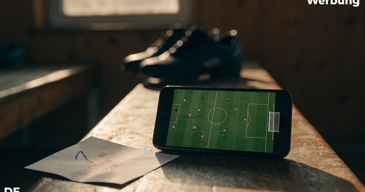 Ein Paar Fussballschuhe steht auf einer Holzbank in einer leeren Umkleide, Morgenlicht fällt durch ein kleines Fenster.