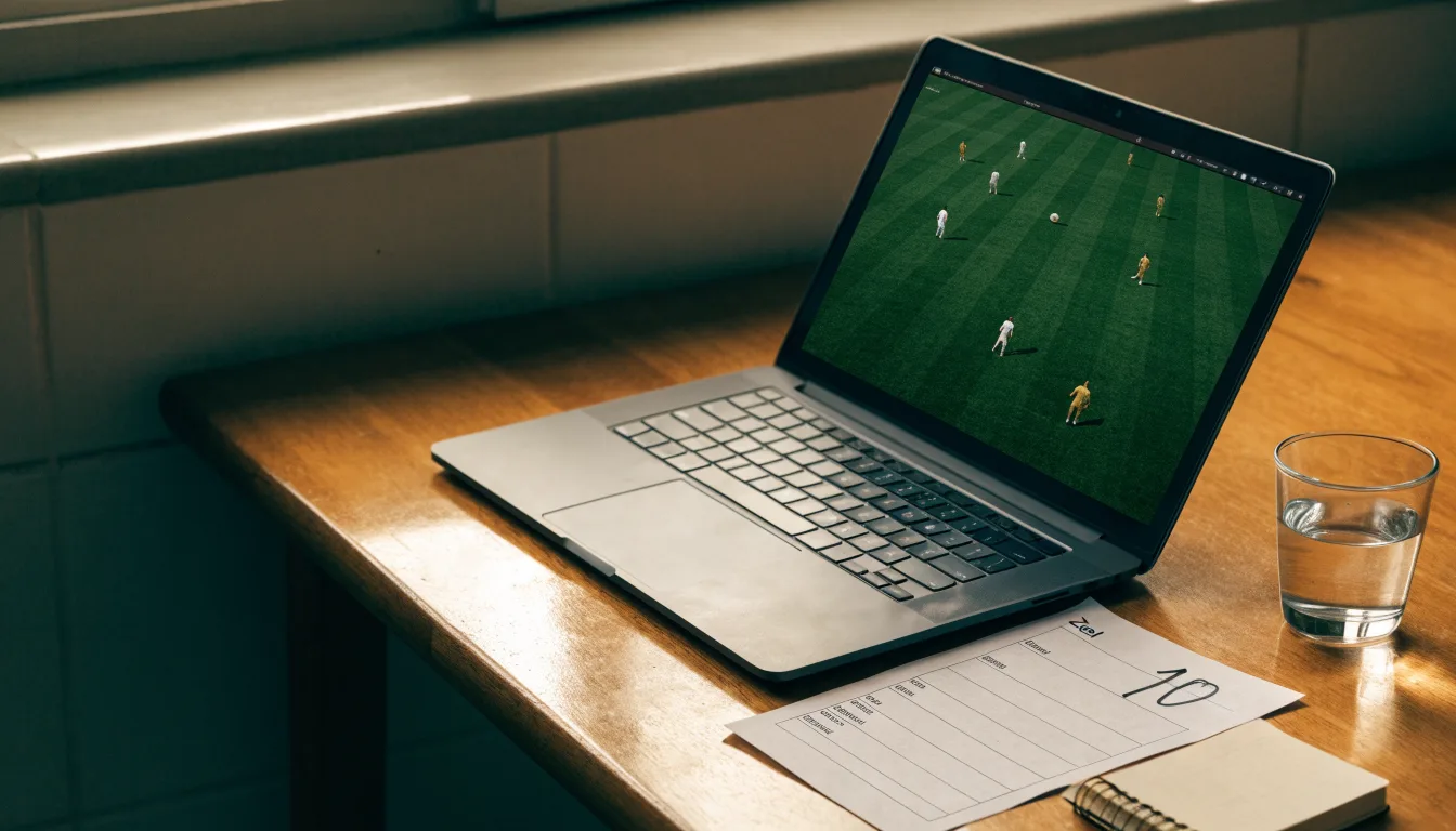 Ein geschlossener Laptop steht neben einem Glas Wasser auf einem Küchentisch im Licht des frühen Morgens.