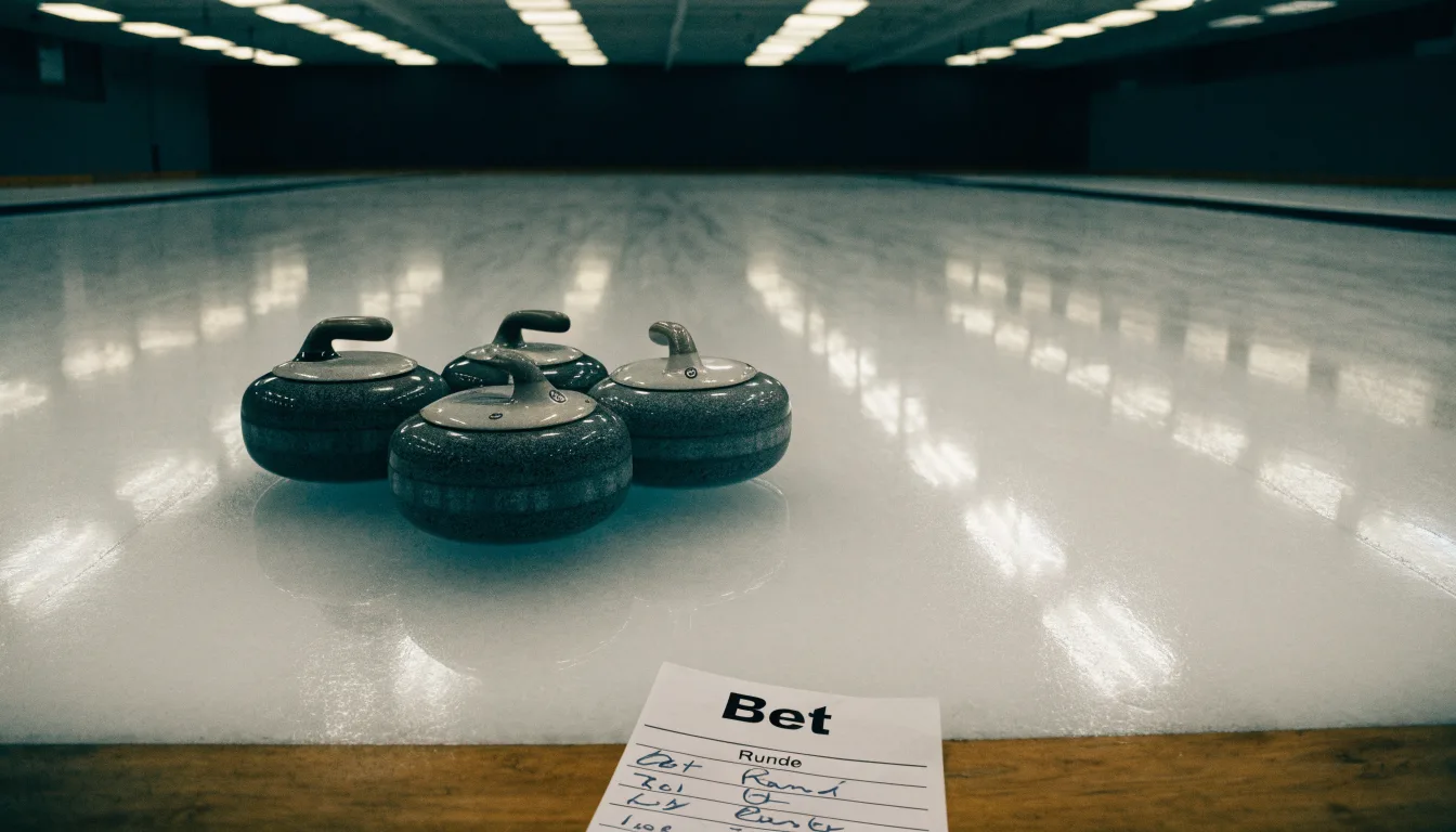 Mehrere Curlingsteine liegen auf einer glatten Eisfläche in einer leeren Halle, Deckenlicht spiegelt sich im Eis.