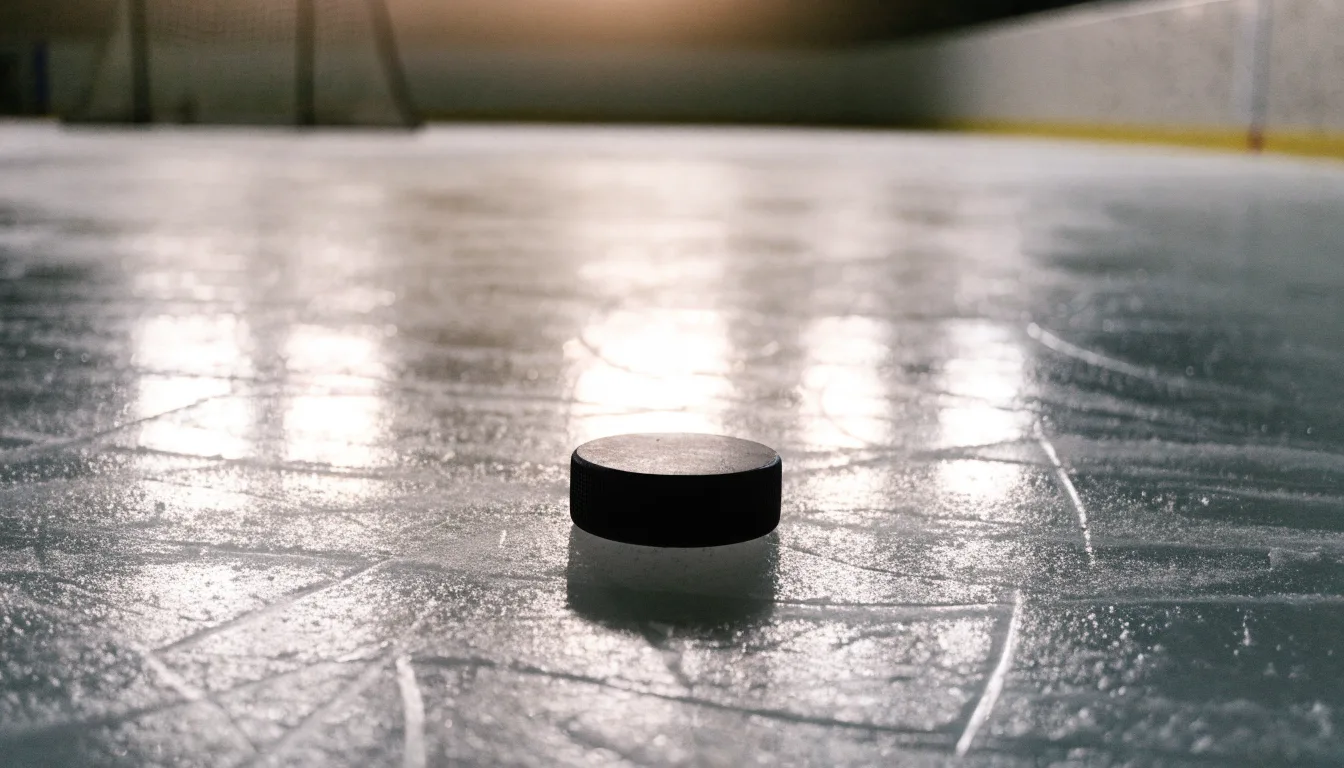 Ein Eishockeypuck liegt in Grossaufnahme auf der Eisfläche, feine Kratzer im Eis glänzen im hellen Hallenlicht.