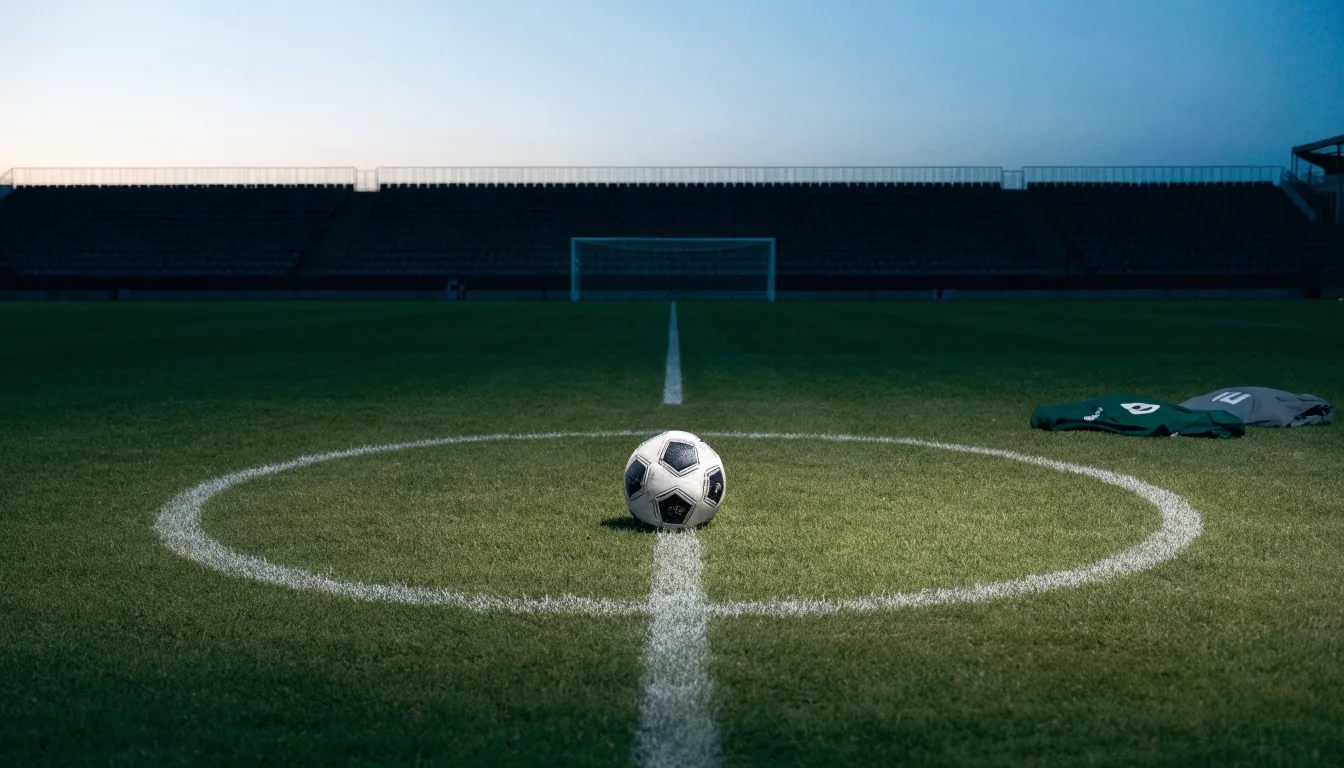 Ein Fussball liegt auf dem Mittelkreis eines leeren Rasenplatzes, dahinter ragen leere Tribünenreihen in den Abendhimmel.