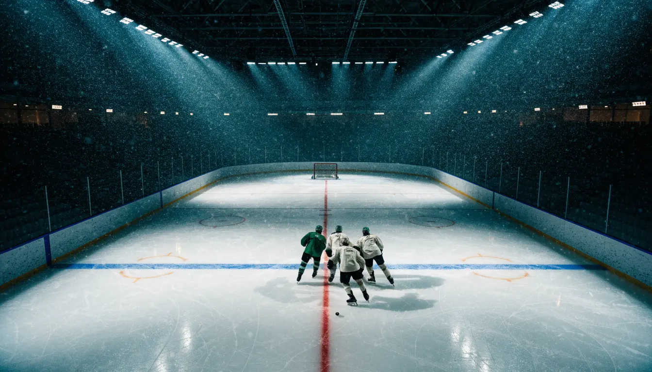 Eine Eishockeybahn liegt unter Flutlicht aus der Ferne betrachtet, leichter Schneefall treibt durch den Lichtkegel über dem Eis.