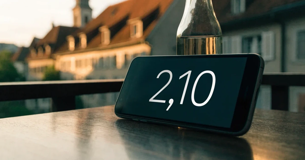 Ein Smartphone mit dunklem Display lehnt an einer Glasflasche auf einem Balkontisch, dahinter liegt eine Altstadt in der Abendsonne.