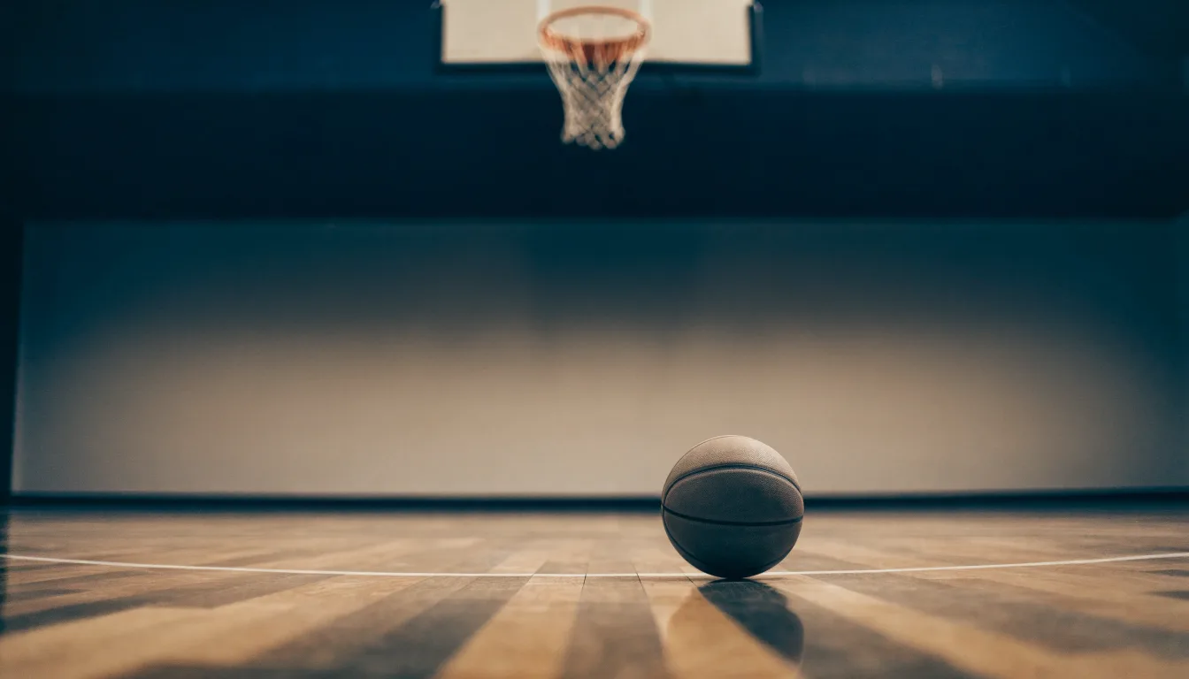 Ein Basketballkorb hängt in einer leeren Halle über einem Holzparkett, von der Decke fällt gleichmässiges Licht auf den Boden.