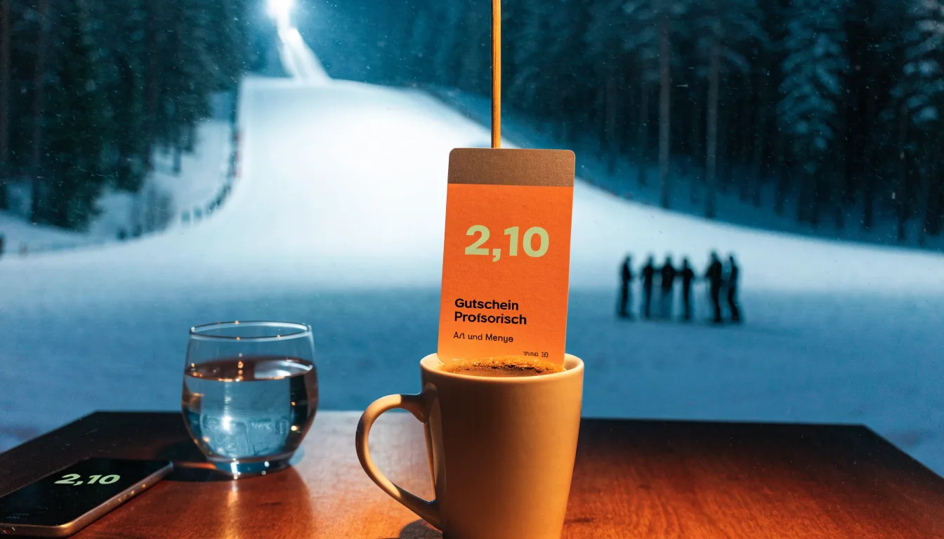 Eine Skisprungschanze steht am Abend im Flutlicht, aus der Ferne betrachtet, umgeben von dunklem Tannenwald und leichtem Schnee.