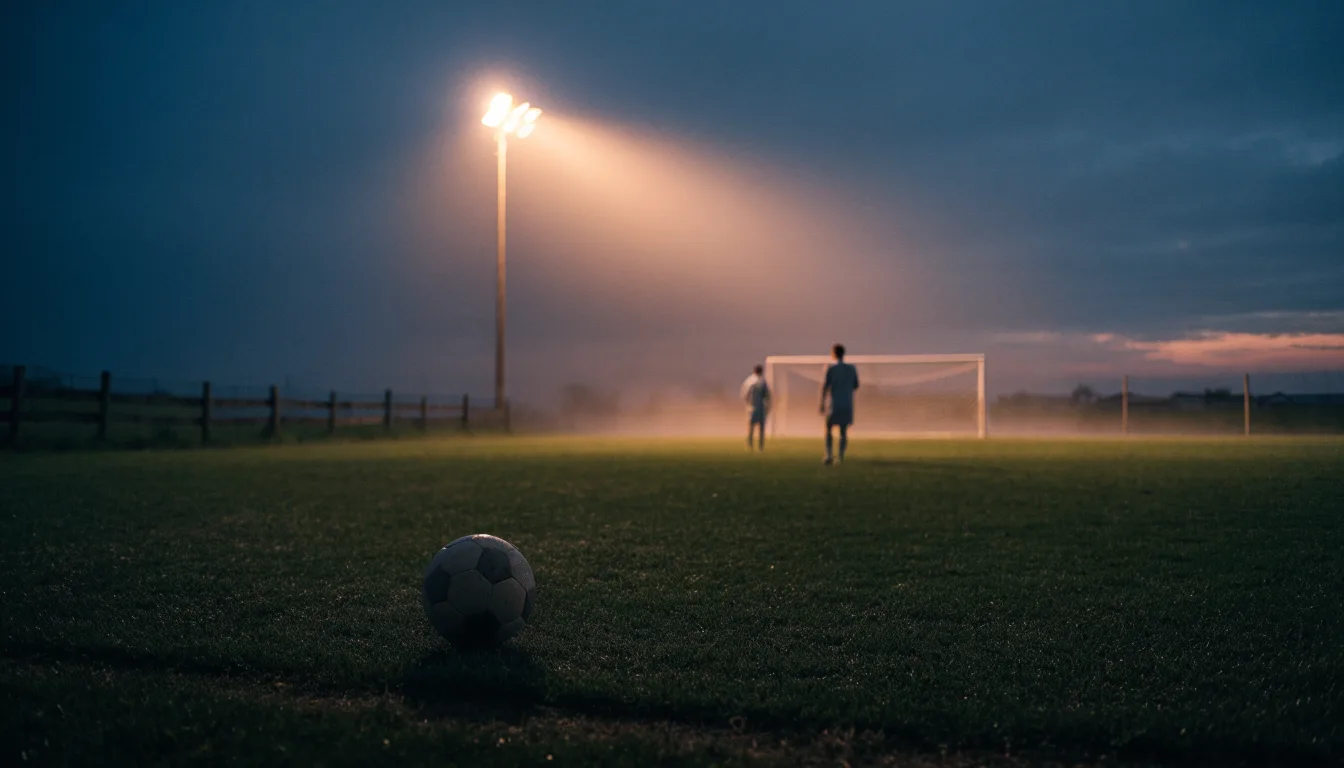 Ein kleiner Dorf-Fussballplatz liegt in der Dämmerung unter einem hohen Flutlichtmast, am Spielfeldrand steht ein Holzzaun.