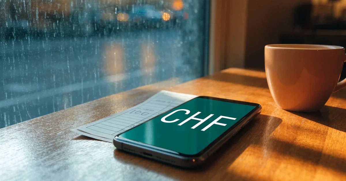 Ein Café-Tisch am Fenster trägt ein Smartphone mit dunklem Display, an der Scheibe laufen Regentropfen herunter und draussen steht eine Tram.