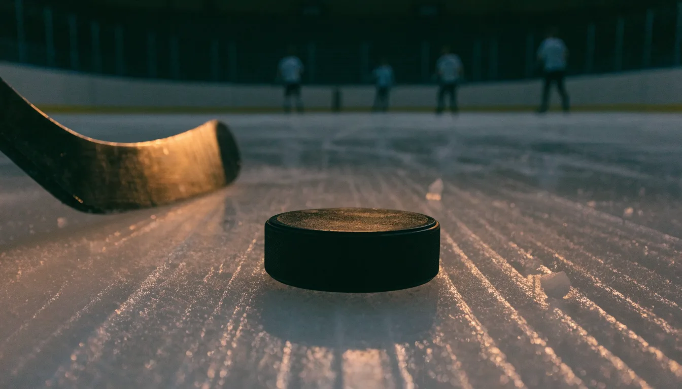 Ein Eishockeypuck liegt auf der Eisfläche neben dem Blatt eines Schlägers, die Bande dahinter ist im Dunkeln nur schwach zu erkennen.