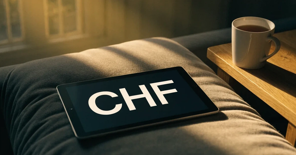 Ein Tablet mit schwarzem Display liegt auf einem Sofakissen, daneben ein Becher mit Tee, vom Fenster her fällt Abendlicht.