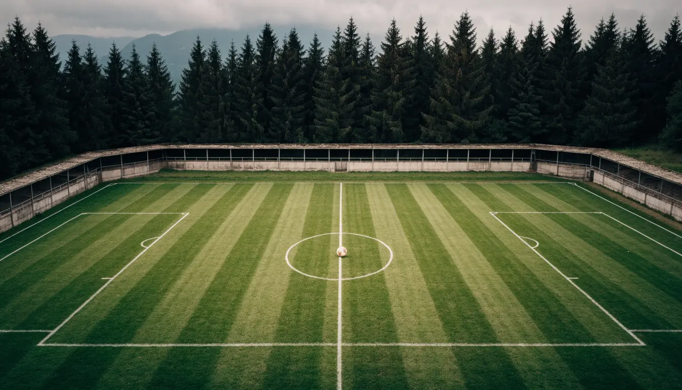 Ein Rasenplatz mit Spielfeldlinien ist von oben gesehen, ein einzelner Ball liegt in der Mitte, rundherum stehen leere Tribünen und Tannenwald.