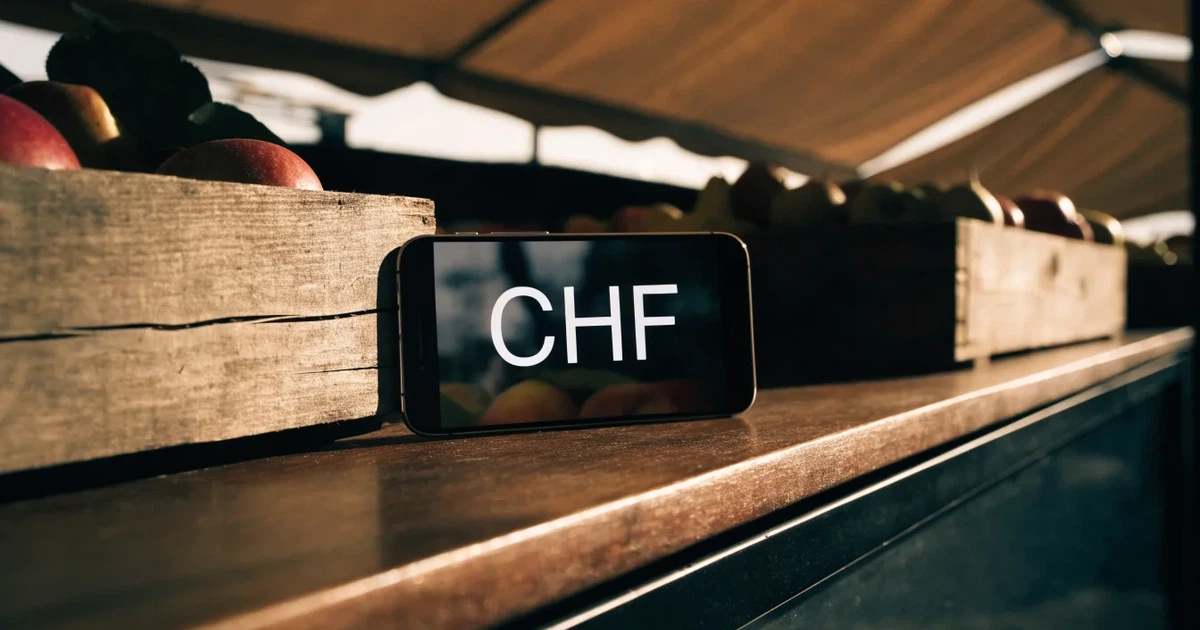 Ein Smartphone mit dunklem Display liegt auf dem Holztisch eines Marktstands zwischen Äpfeln und Birnen, morgendliches Licht fällt durch eine Plane.