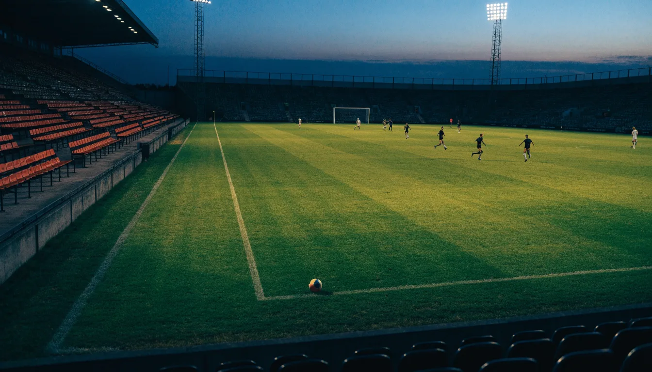 Leere Tribünenränge eines Fussballstadions in der Abenddämmerung, über dem Rasen leuchten die Flutlichter.