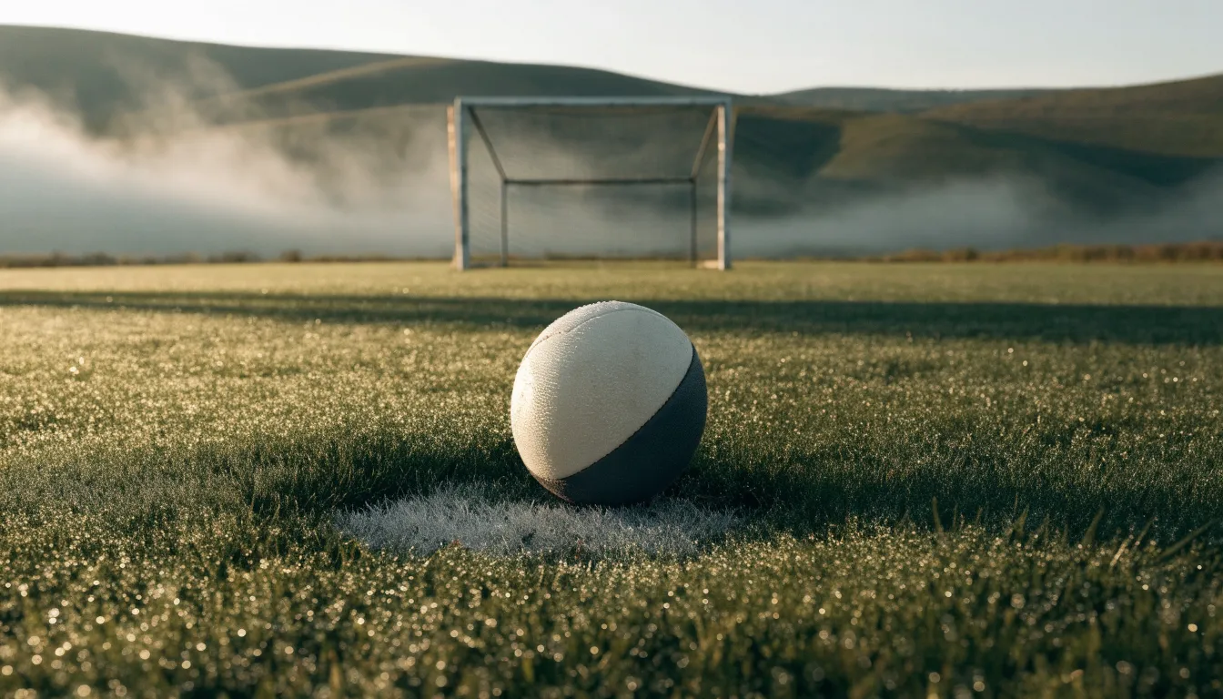 Ein Fussball liegt am frühen Morgen auf dem Anstosspunkt eines taunassen Rasens, im Hintergrund erheben sich Hügel im Dunst.