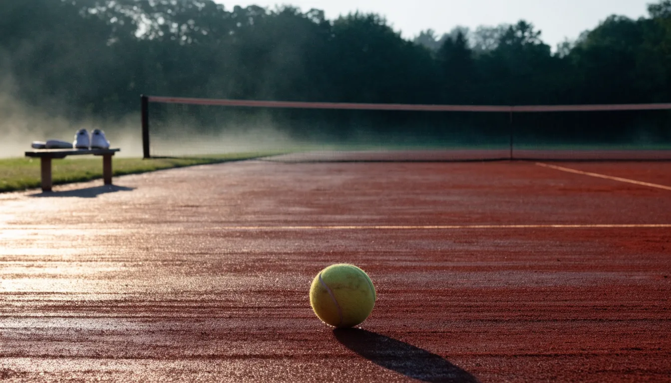 Ein Tennisplatz im Morgengrauen mit gespanntem Netz und feinem Dunst über der roten Asche.