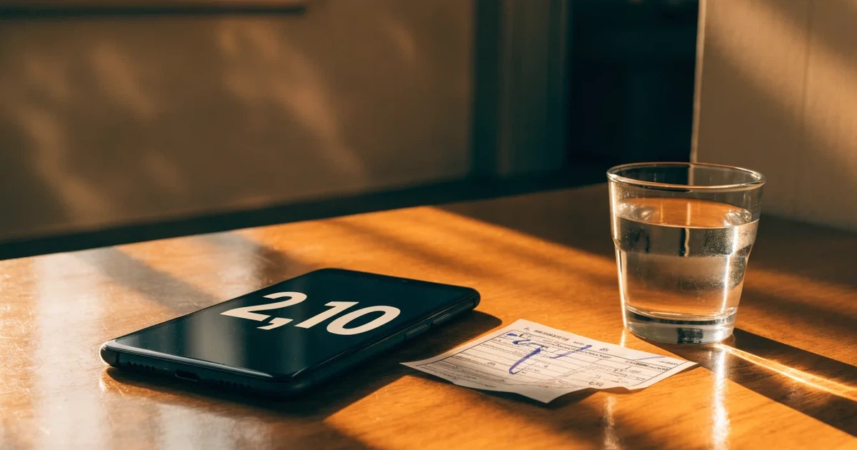 Ein Smartphone liegt mit dem Display nach unten auf einem Holztisch neben einem Wasserglas.