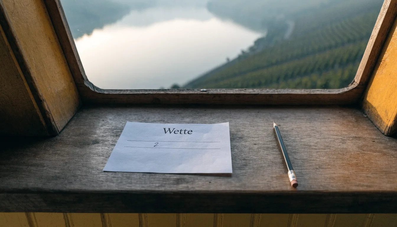 Terrassierte Weinberge über einem See im Morgendunst, am Ufer liegt ein kleines Dorf.