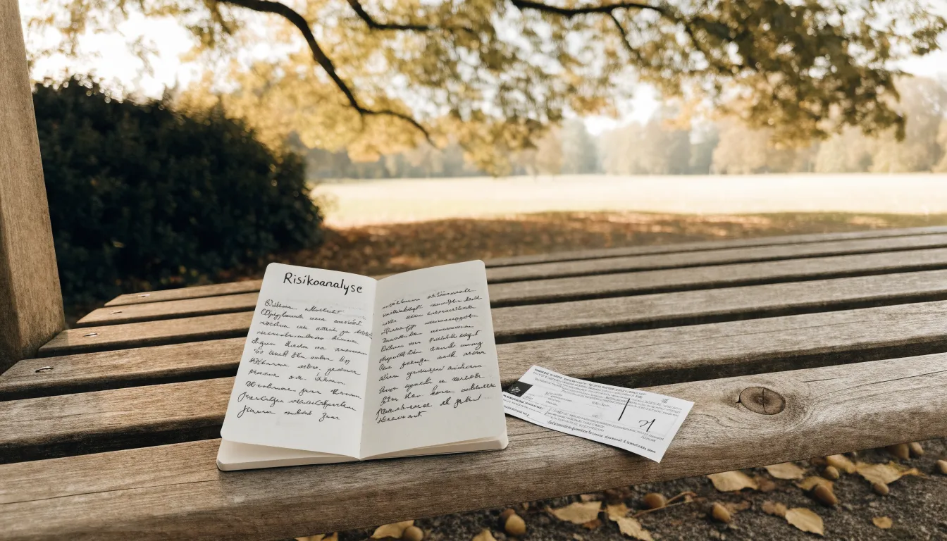 Eine Parkbank unter einer Kastanie im Herbst, auf dem Kiesweg liegen gelbe Blätter.