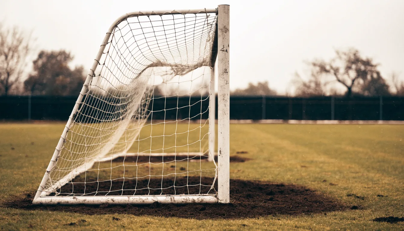 Ein Fussballtor mit locker hängendem Netz auf einem Trainingsplatz, das sich leicht im Wind bewegt.
