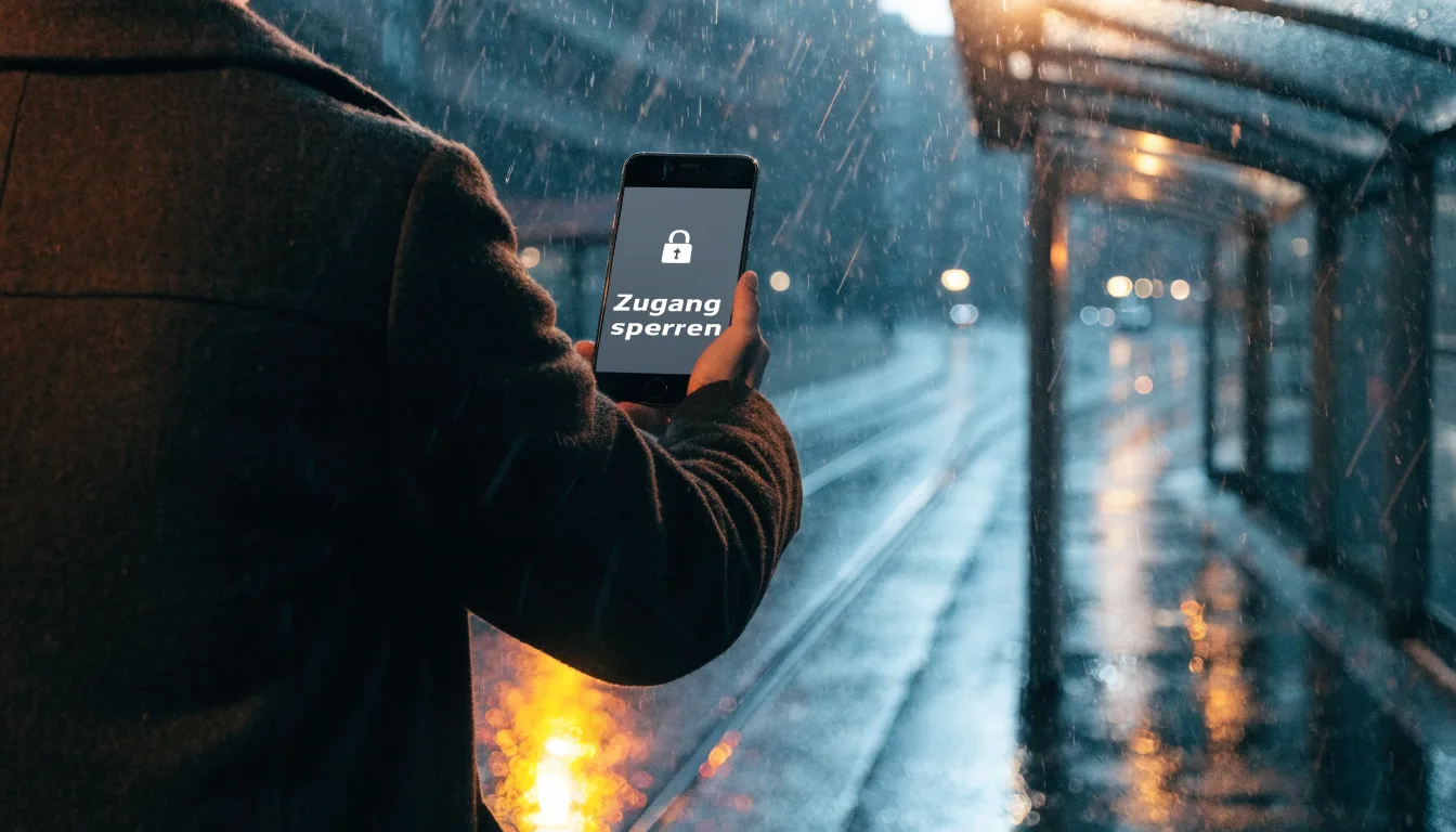 Eine Tramhaltestelle in einer Schweizer Stadt bei Regen, nasses Pflaster spiegelt das Licht.