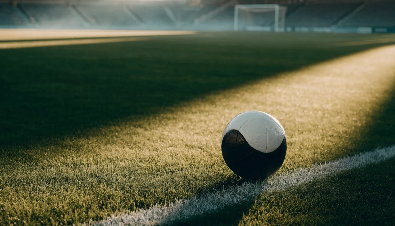 Ein Fussball ruht an der Seitenlinie im taufeuchten Gras, die ersten Sonnenstrahlen fallen schräg über den Platz.