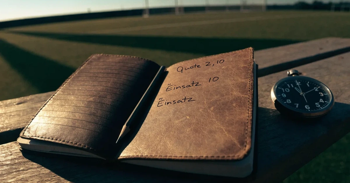 Ein abgegriffenes Notizheft, ein Bleistift und eine Stoppuhr liegen auf einer Bank am Rand eines Trainingsplatzes.