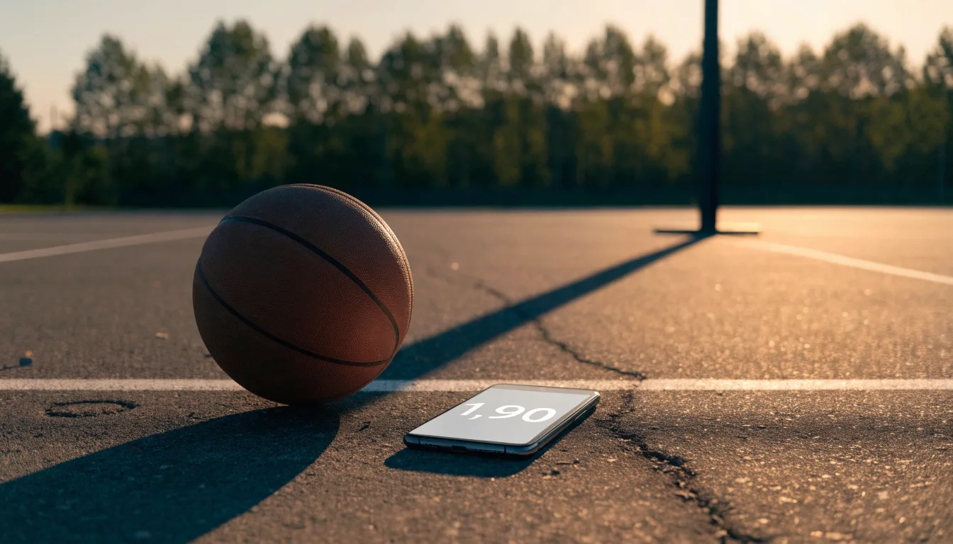 Ein Basketball liegt bei Sonnenuntergang auf einem leeren Aussenplatz, lange Schatten fallen über den Boden.