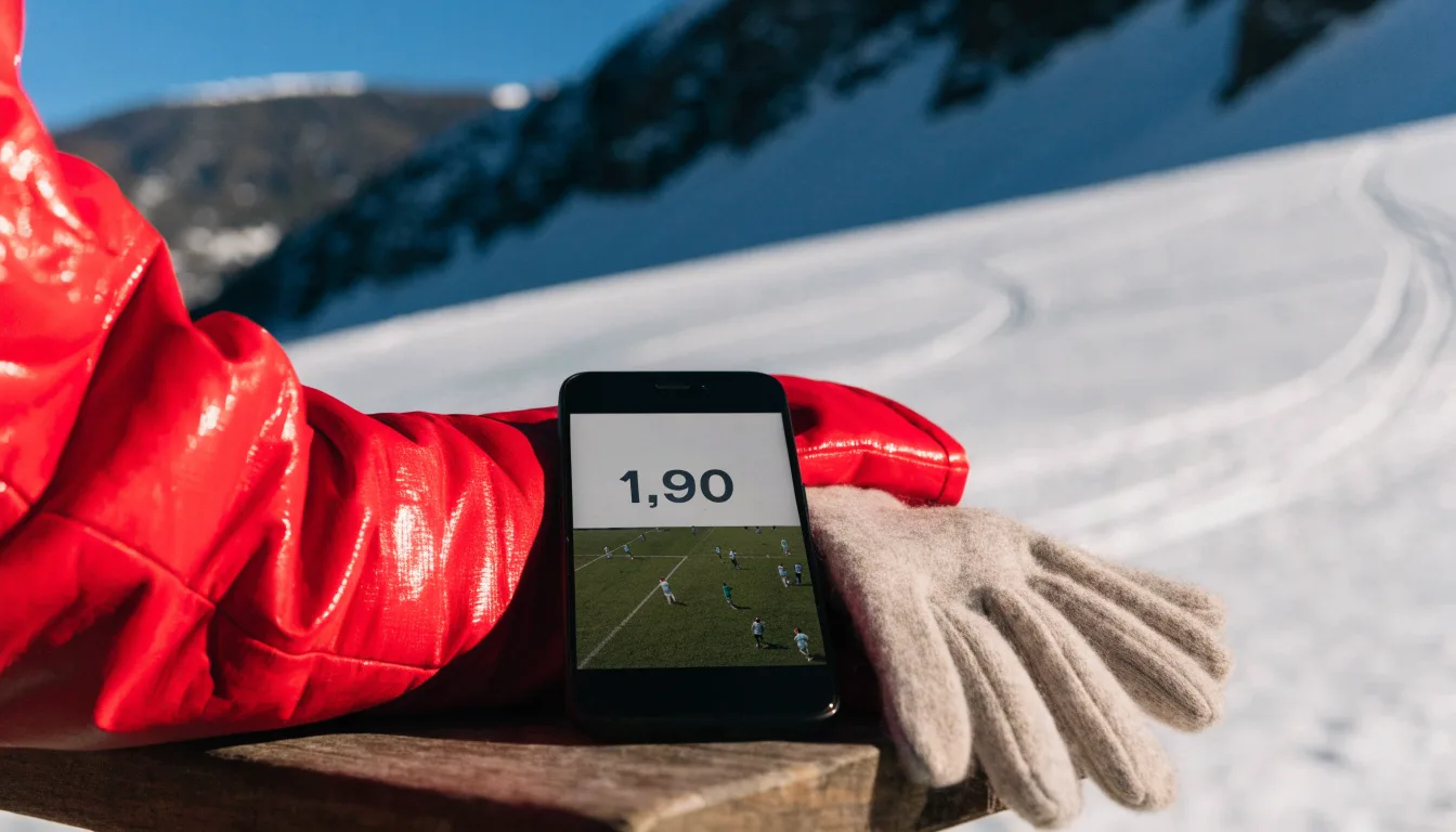 Skispuren im frischen Schnee an einem sonnigen Hang vor blauem Himmel.