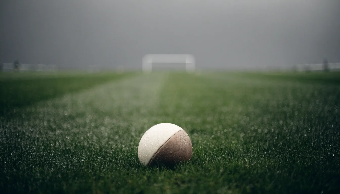 Ein Fussball auf dem Rasen aus niedriger Perspektive aufgenommen, die Torpfosten verschwimmen im Hintergrund.