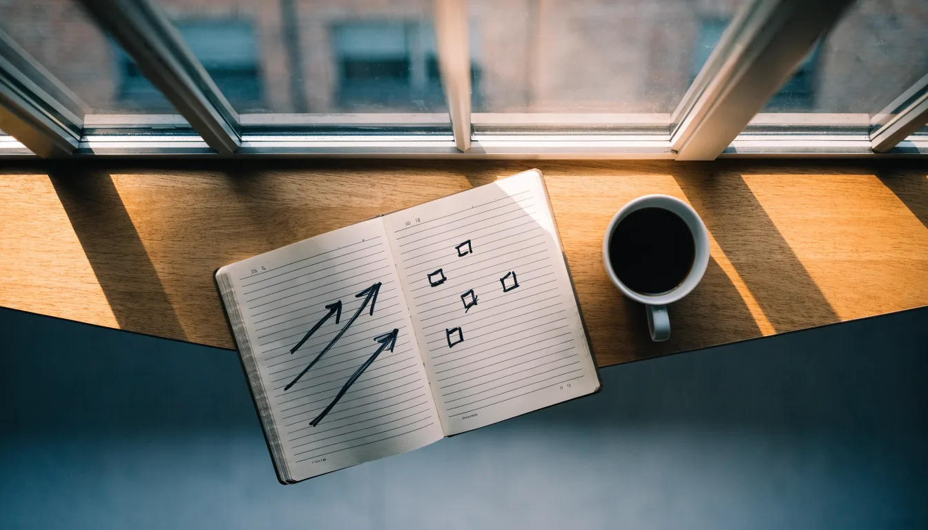 Ein aufgeschlagenes Notizbuch mit handschriftlichen Pfeilen und Kästchen liegt neben einer Kaffeetasse auf einem Schreibtisch am Fenster.