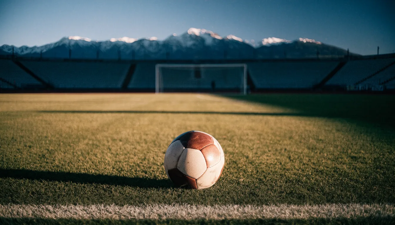 Ein Fussball liegt auf dem Rasen eines leeren Stadions am frühen Abend, dahinter erheben sich schneebedeckte Berge unter klarem Himmel.