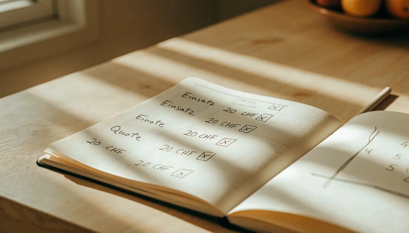 Ein leeres kariertes Heft und ein Bleistift liegen auf einem Küchentisch im warmen Licht des späten Nachmittags.