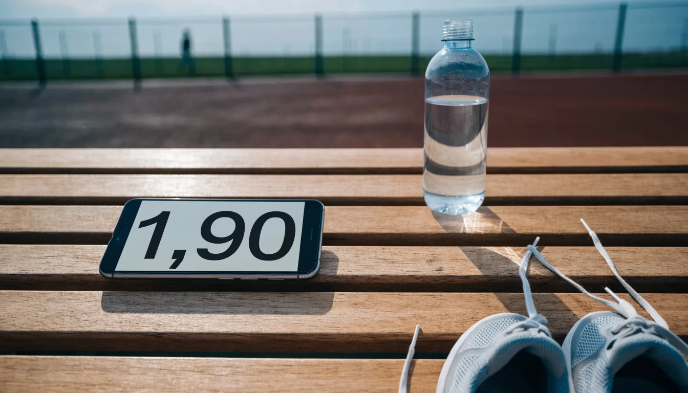Ein Smartphone mit dunklem Bildschirm lehnt an einer Wasserflasche, daneben stehen Laufschuhe auf einer Bank am Sportplatz.