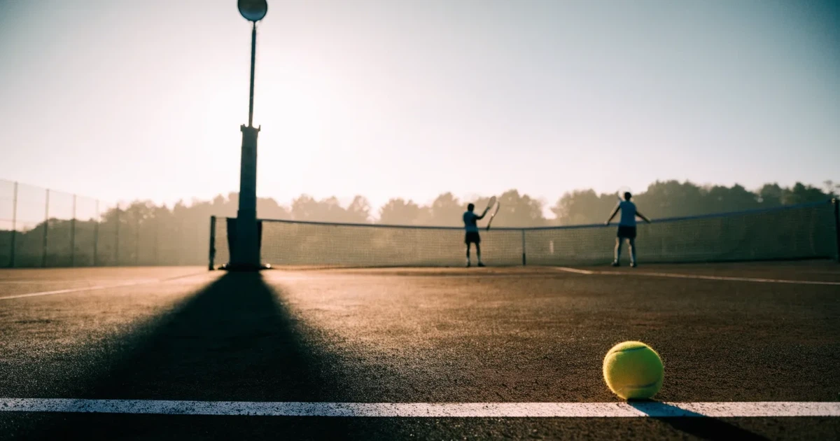 Ein Tennisplatz im ersten Morgenlicht, das Netz hängt leicht durch und auf der Grundlinie liegt ein einzelner Ball.