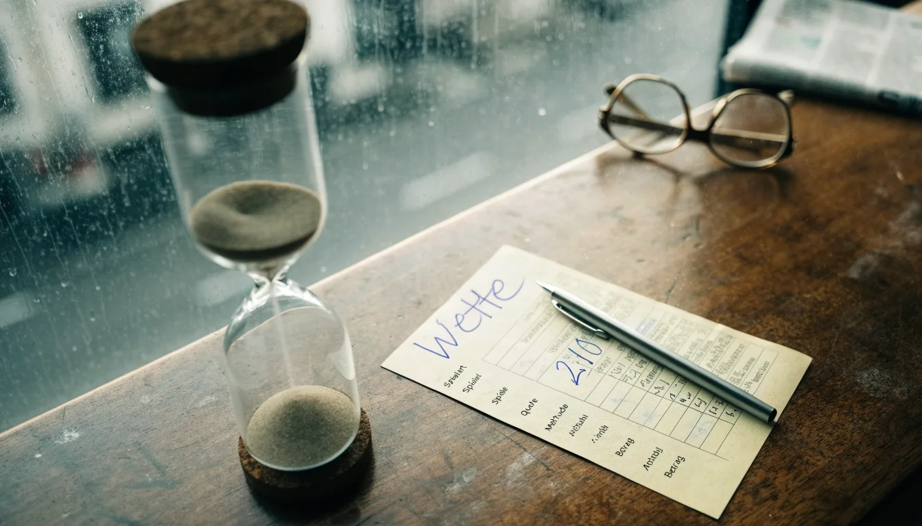 Eine Sanduhr steht auf einem Holztisch neben einer Brille, hinter dem Fenster laufen Regentropfen über das Glas.