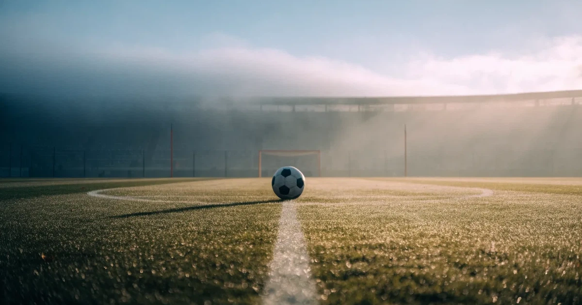 Ein Fussballplatz im Morgennebel, im Mittelkreis liegt ein einzelner Ball und der Rasen glänzt vom Tau.