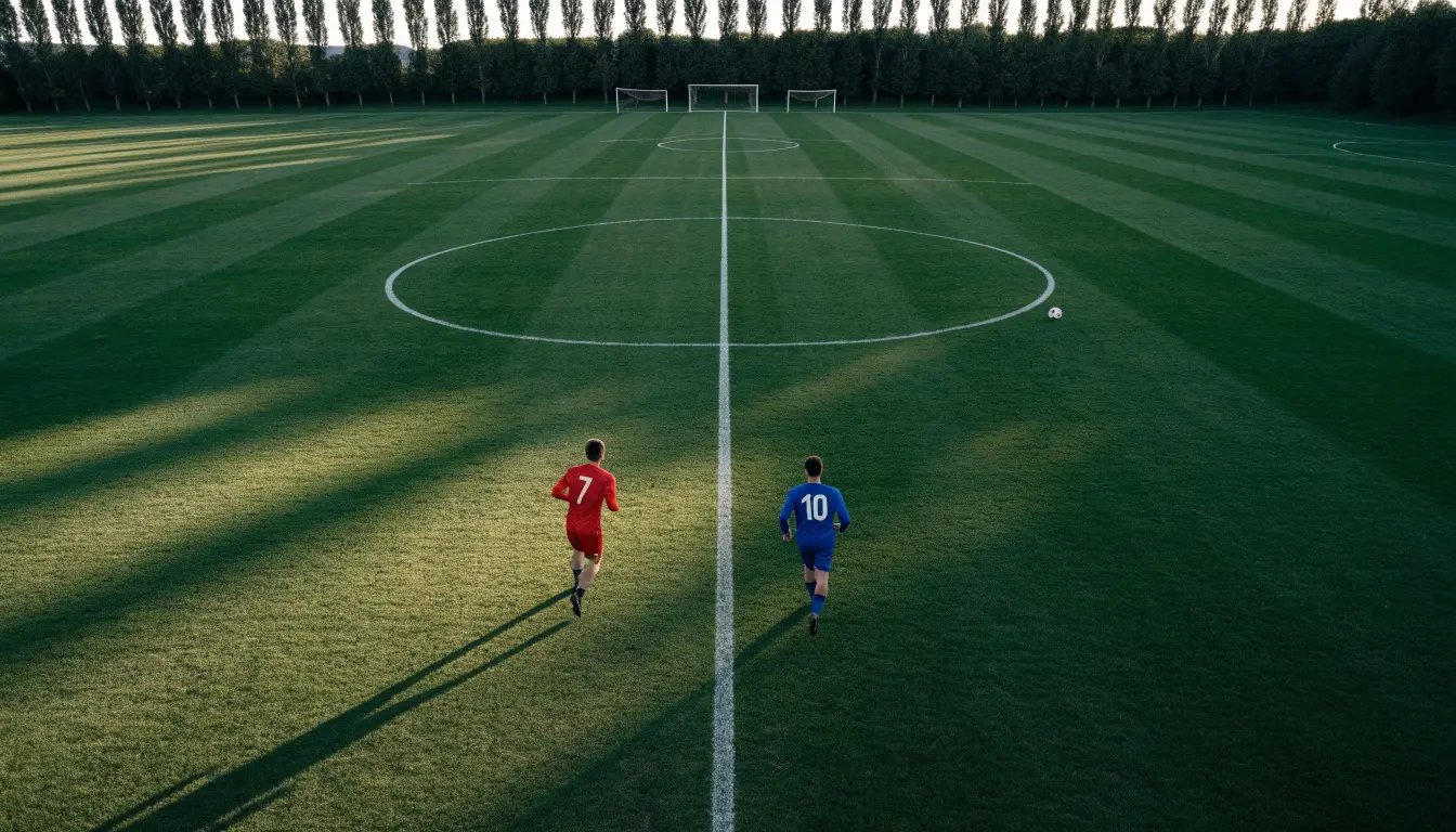Ein leerer Fussballplatz mit weissen Linien von oben gesehen im Morgenlicht, am Rand stehen zwei Tore und eine Reihe Pappeln.