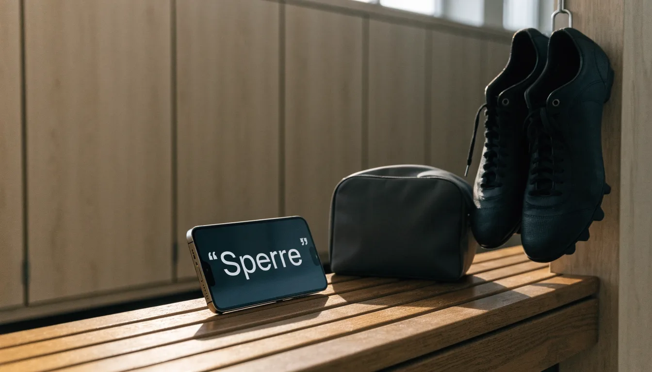 Ein Paar Fussballschuhe hängt an einem Haken in einer ruhigen Umkleide, darunter steht eine Sporttasche auf einer Holzbank.