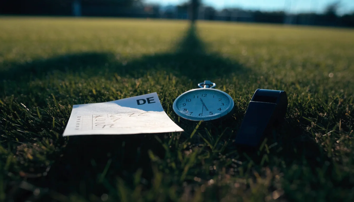 Eine Stoppuhr liegt neben einer Trillerpfeife auf einem Stück Rasen an der Seitenlinie eines Fussballfelds im Gegenlicht.